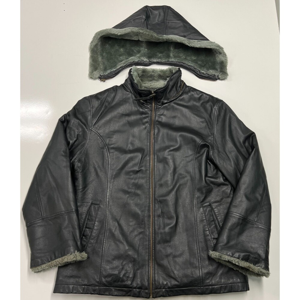 Shebang Y2K Leather Jacket Mens XL Hooded Shearling Style Faux Fur Coat